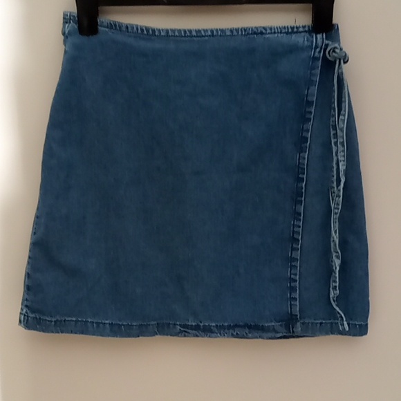 Denim Wrap Mini Skirt in Blue - Picture 2 of 7